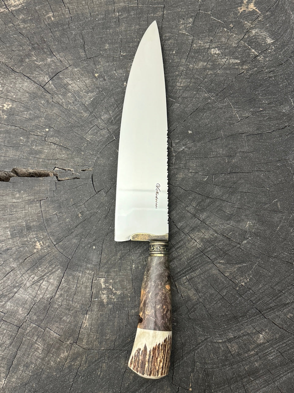 10&quot; Chef Picanha Knife, Maple Burl &amp; Deer Antler, SS440 - 250mm
