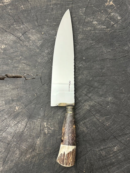10&quot; Chef Picanha Knife, Maple Burl &amp; Deer Antler, SS440 - 250mm