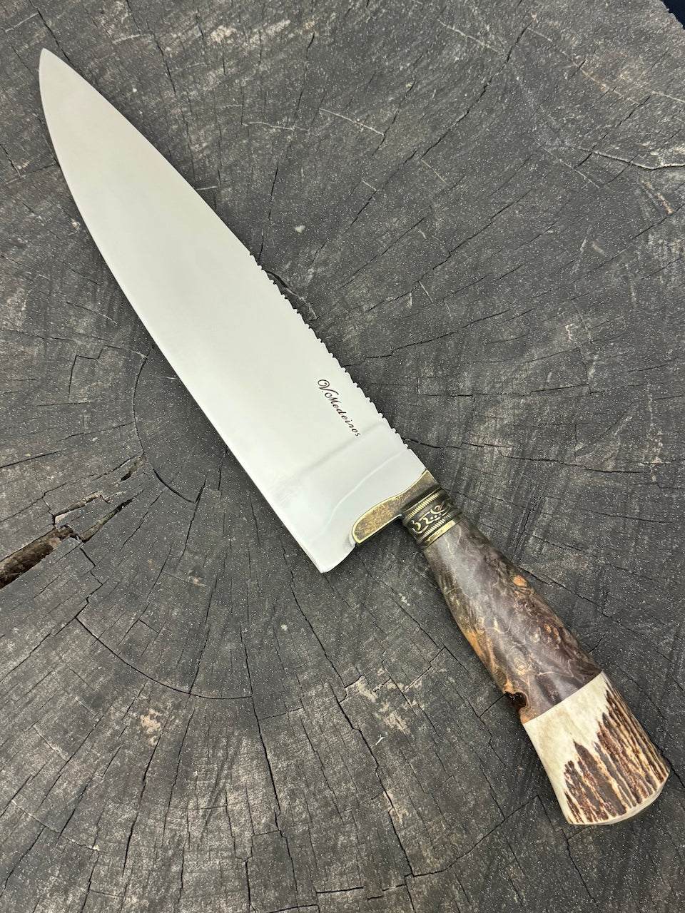 10&quot; Chef Picanha Knife, Maple Burl &amp; Deer Antler, SS440 - 250mm