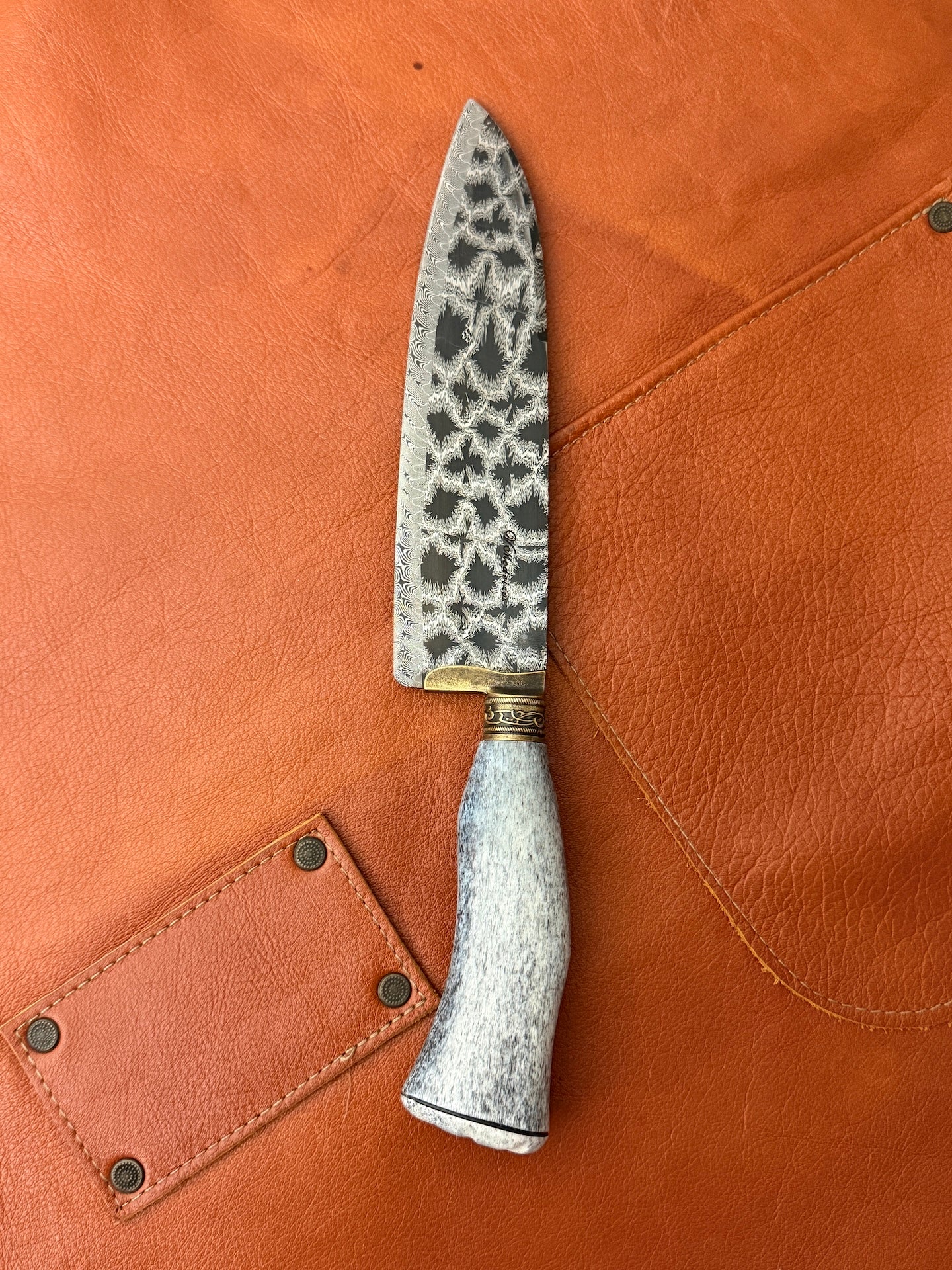 8" Santoku Mosaic Damascus Knife 280 Layers, Whale Rib Bone, CS1095 15n20 - 200mm