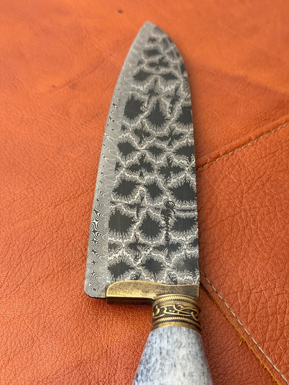 8" Santoku Mosaic Damascus Knife 280 Layers, Whale Rib Bone, CS1095 15n20 - 200mm