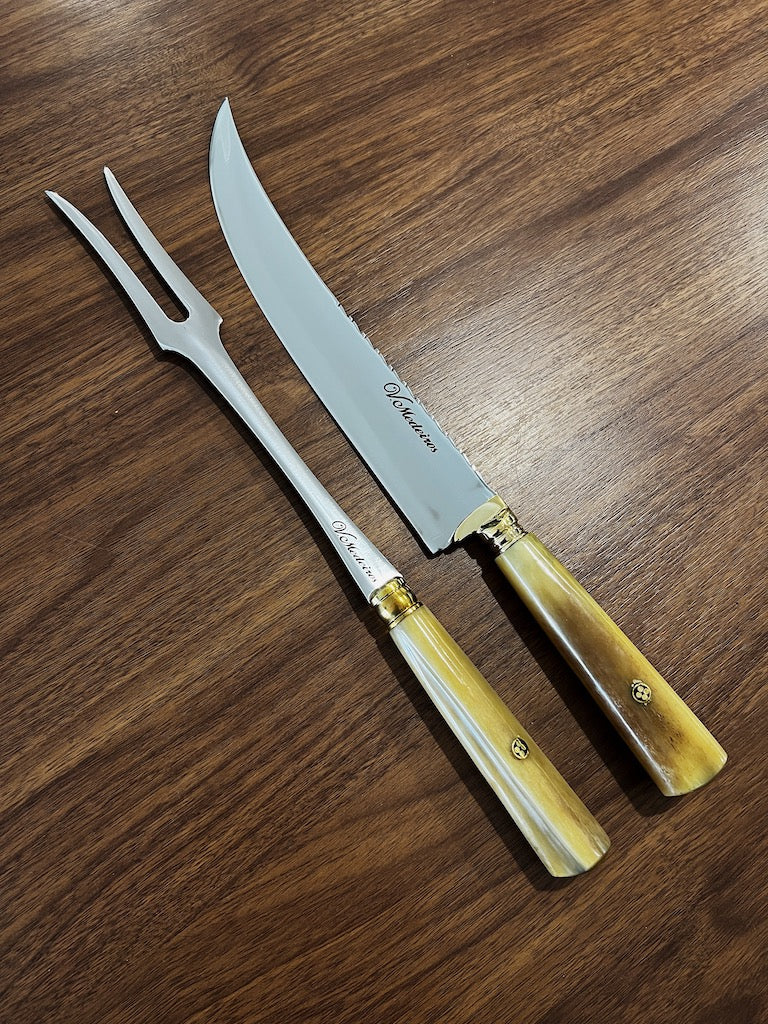 Pre-order: Nicole | BBQ Knife &amp; Fork Duo of Ostrich Bone Handles SS440