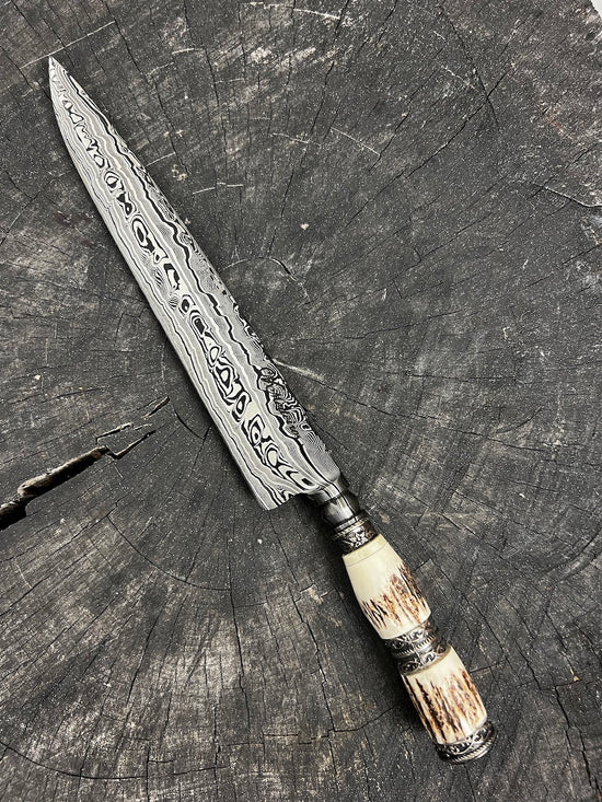 11" Damascus Knife 220 Layers, Deer Antler CS1095 15n20