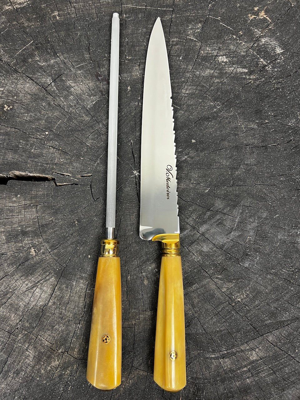 BBQ Knife &amp; Sharpening Duo Set, Ostrich Bone, SS420 - 250mm