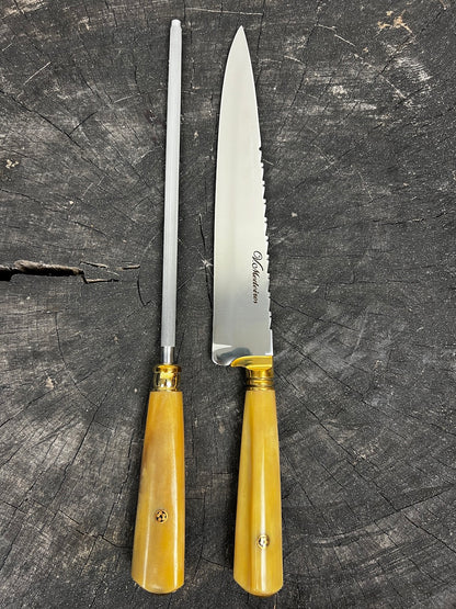 BBQ Knife &amp; Sharpening Duo Set, Ostrich Bone, SS420 - 250mm