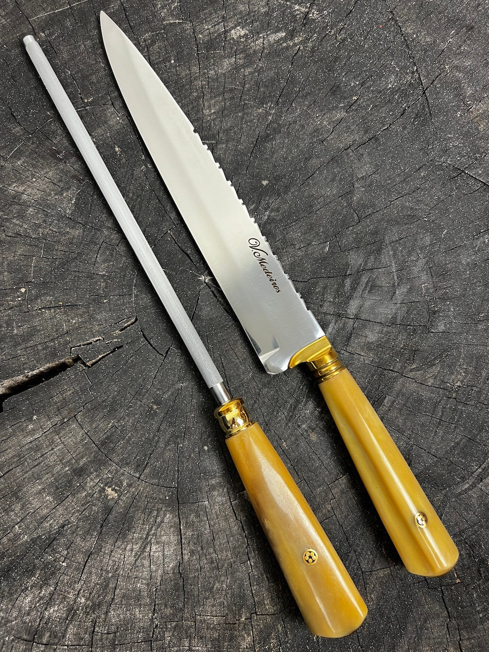 BBQ Knife &amp; Sharpening Duo Set, Ostrich Bone, SS420 - 250mm