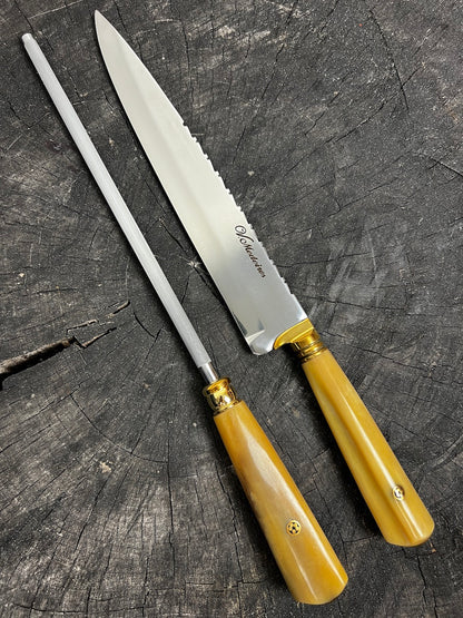 BBQ Knife &amp; Sharpening Duo Set, Ostrich Bone, SS420 - 250mm