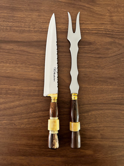 BBQ Knife &amp; Fork Duo Set of Hardwood, Ostrich Bone Handle SS440